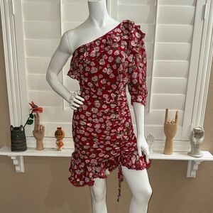 Dark Pink London One Shoulder Ruched Side Mini Dress Red Ditsy Floral